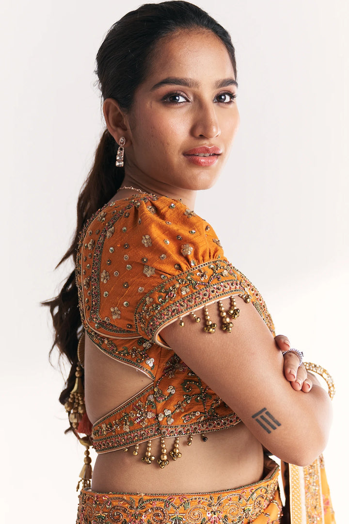 Woman wearing an orange traditional Saree with intricate designs on a white background