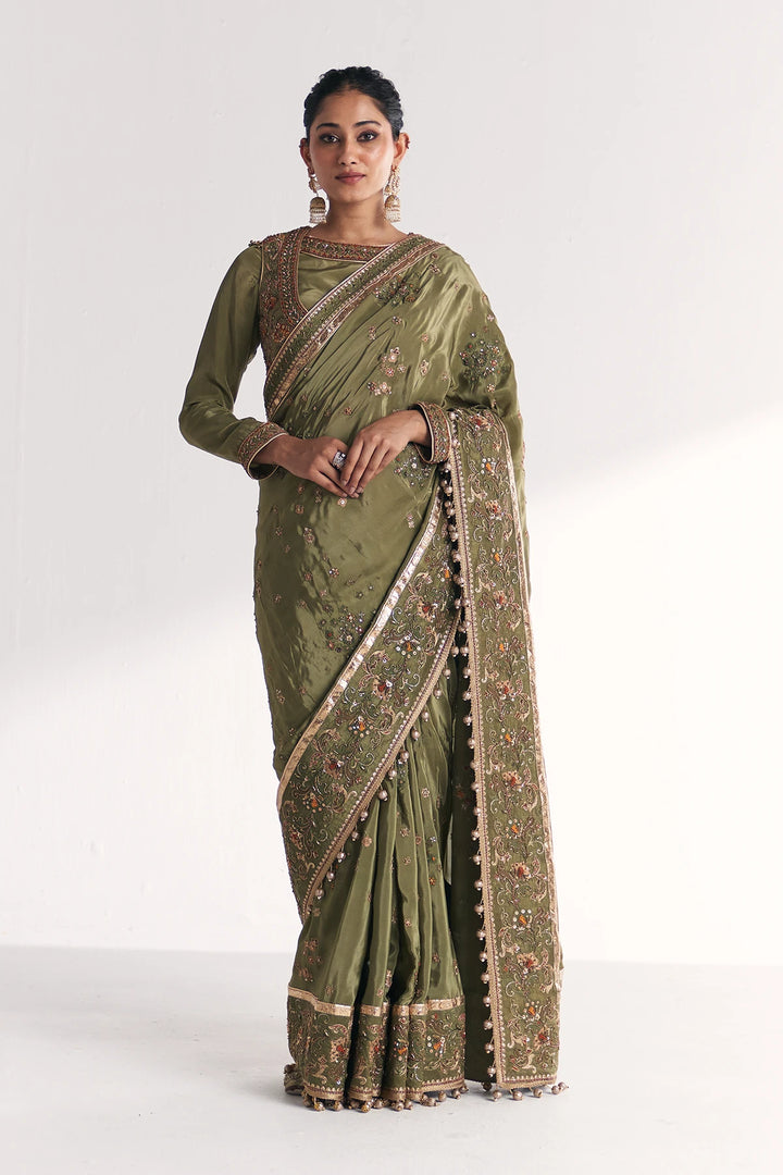Woman wearing a green saree with intricate patterns on a white background