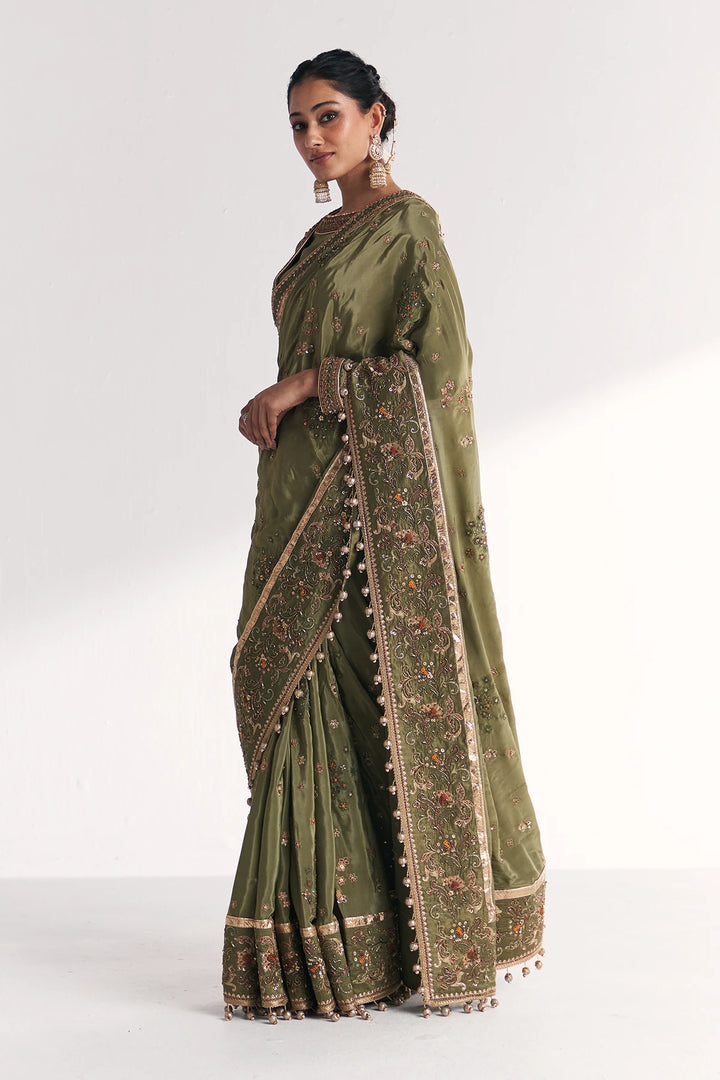 Woman wearing a green saree with intricate patterns on a white background