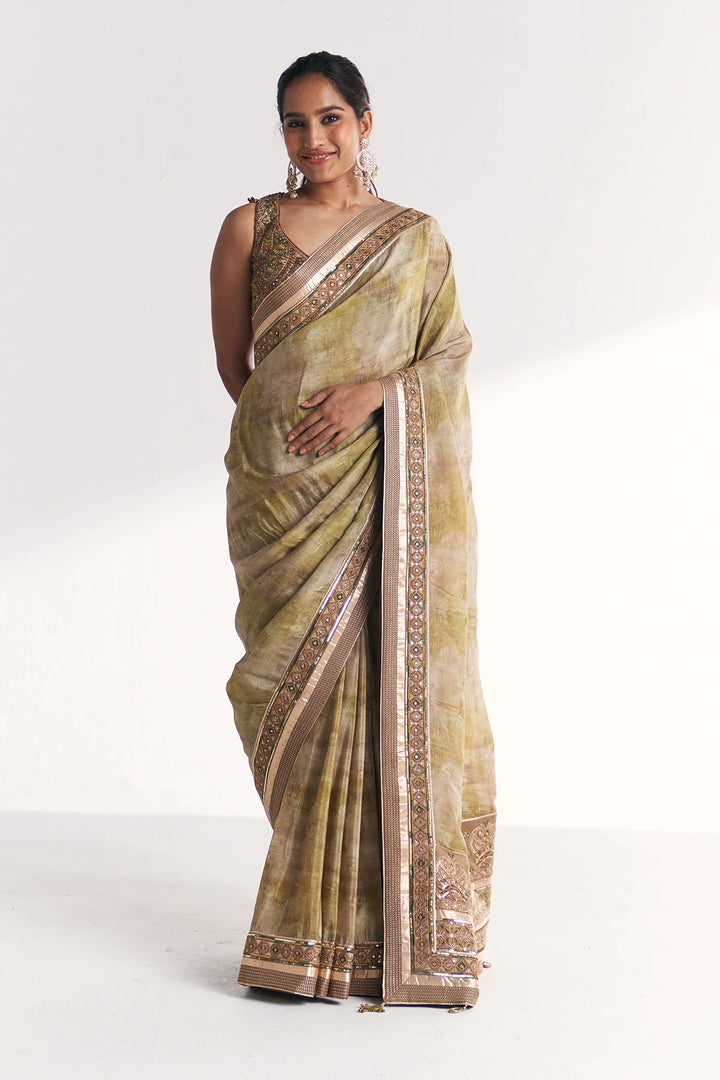 Woman wearing a traditional saree with a white background