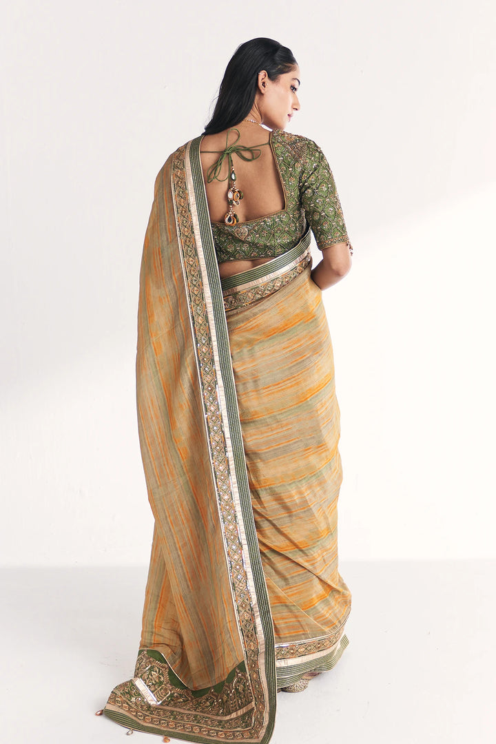 Woman wearing a traditional saree with a green blouse on a white background