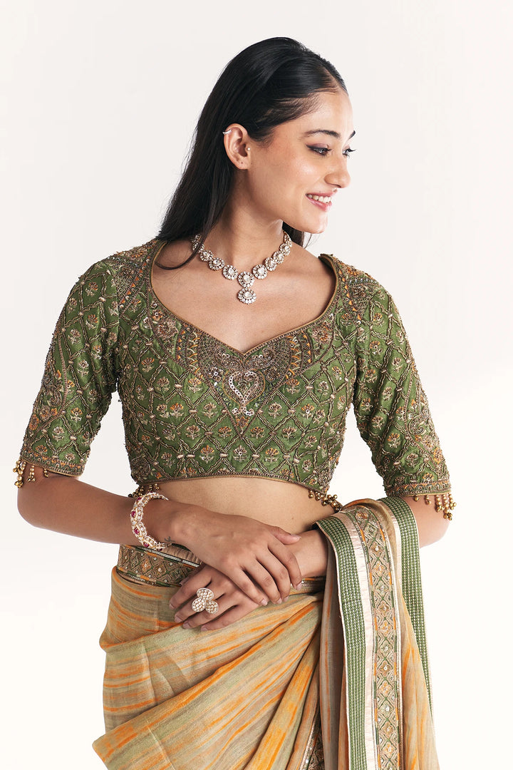 Woman wearing a green saree with a blouse, jewelry, and a plain background