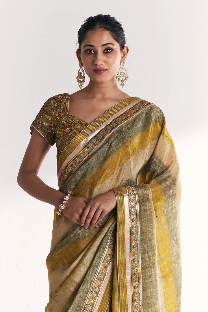 Woman wearing a traditional saree with a white background