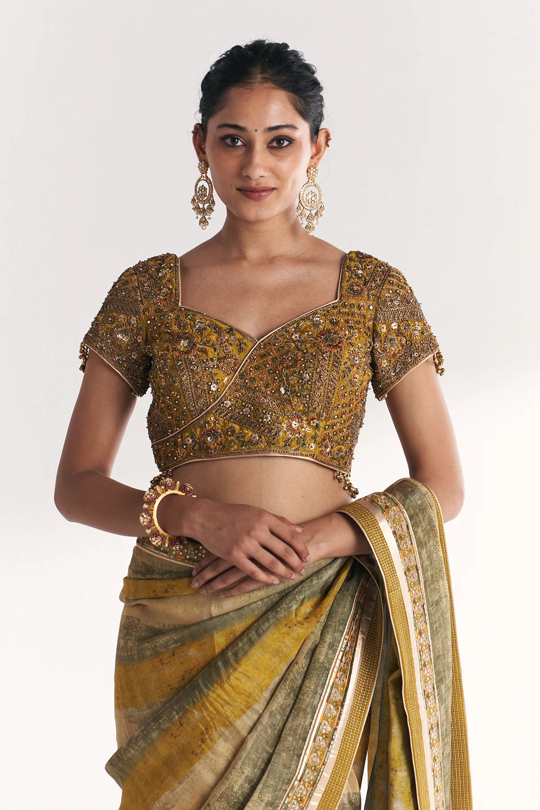 Woman wearing a traditional embroidered saree with a plain background