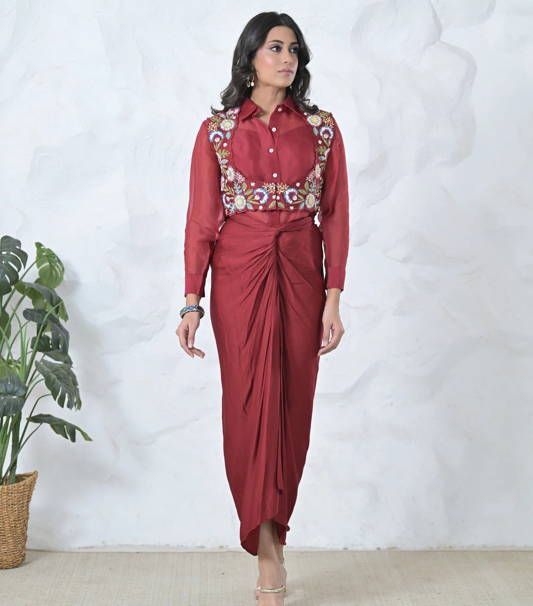 Phoolwari Coti With Organza Tunic And Knot Skirt Set