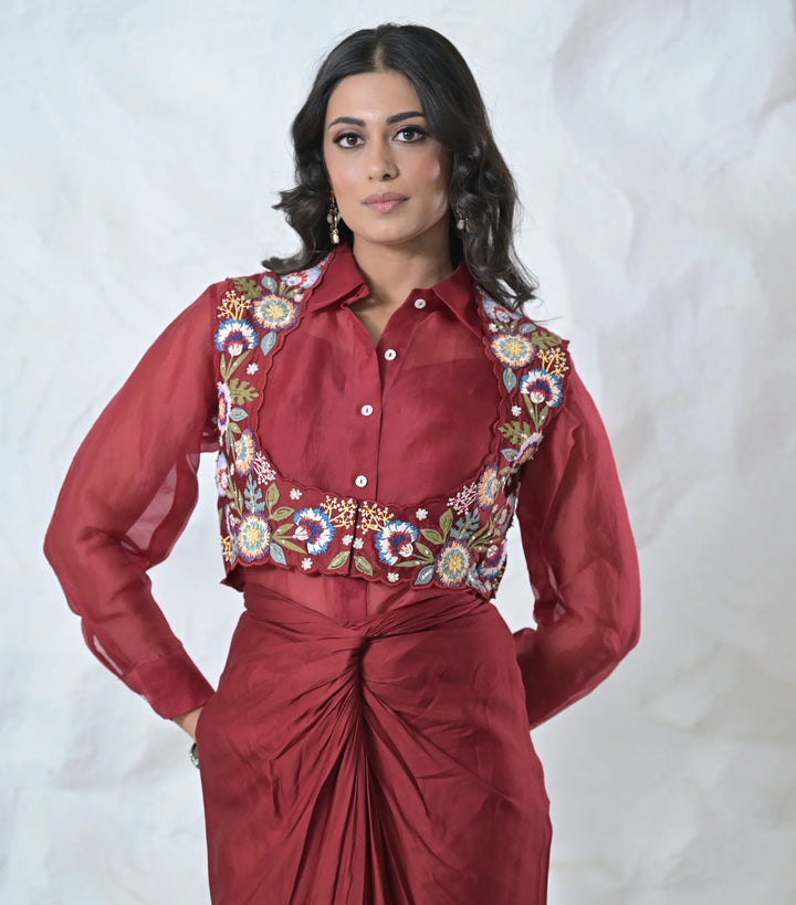 Phoolwari Coti With Organza Tunic And Knot Skirt Set