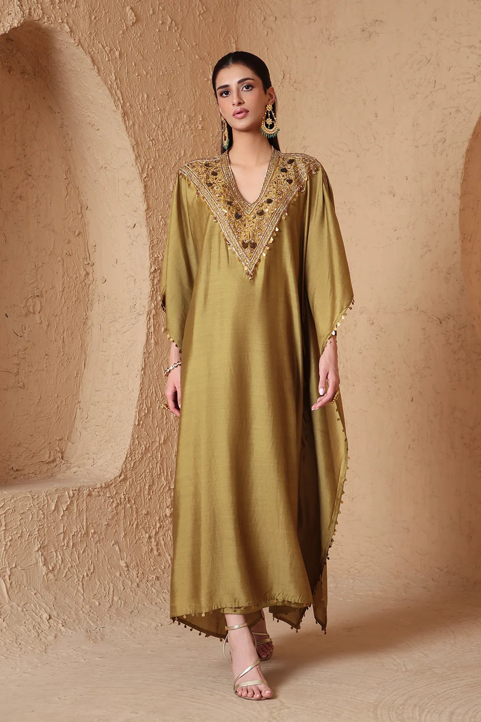Zar-Rang Olive Green V Neck Kaftan Set