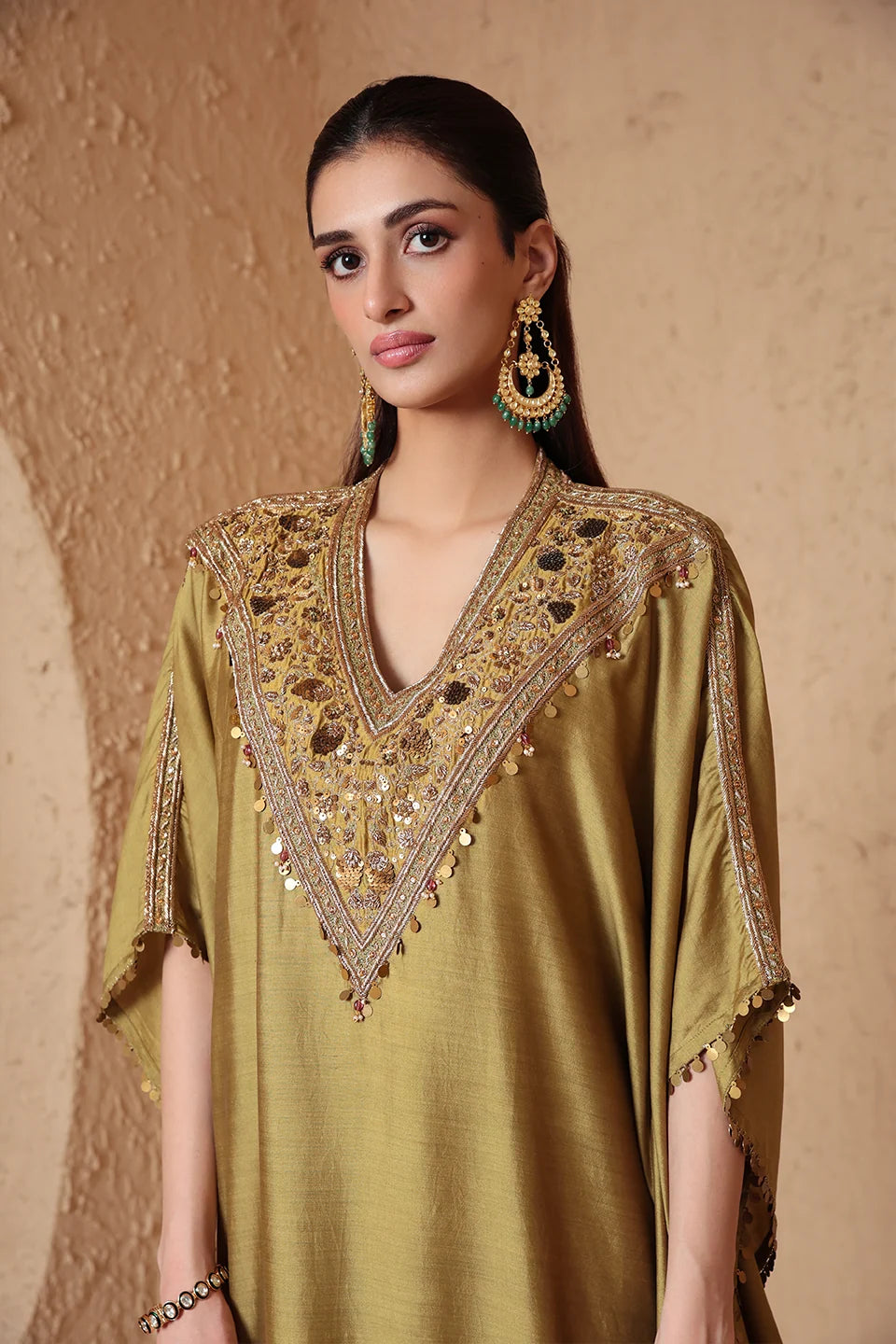 Zar-Rang Olive Green V Neck Kaftan Set