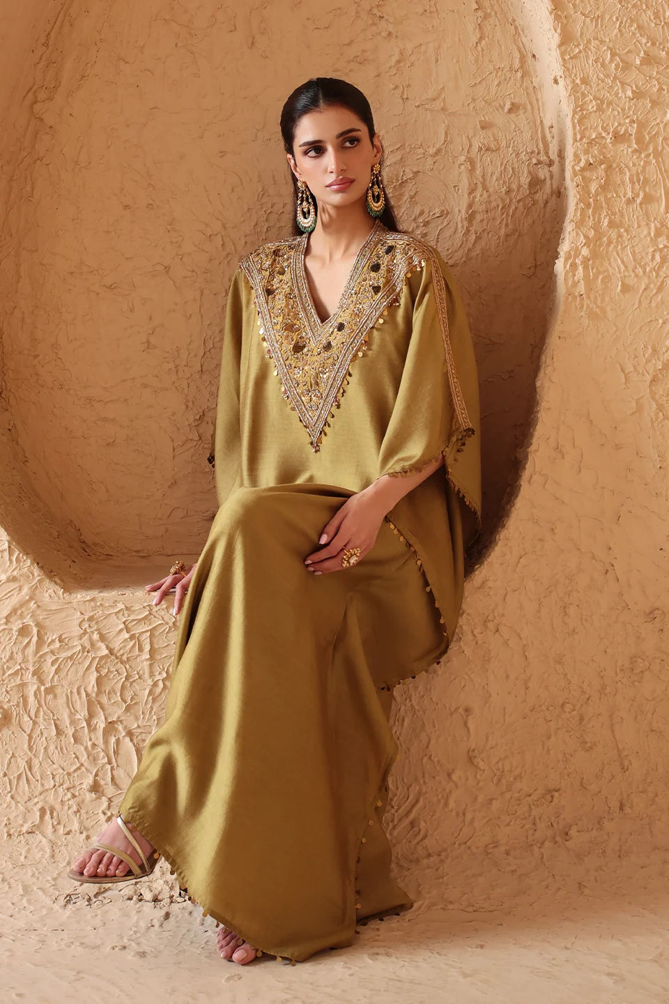 Zar-Rang Olive Green V Neck Kaftan Set