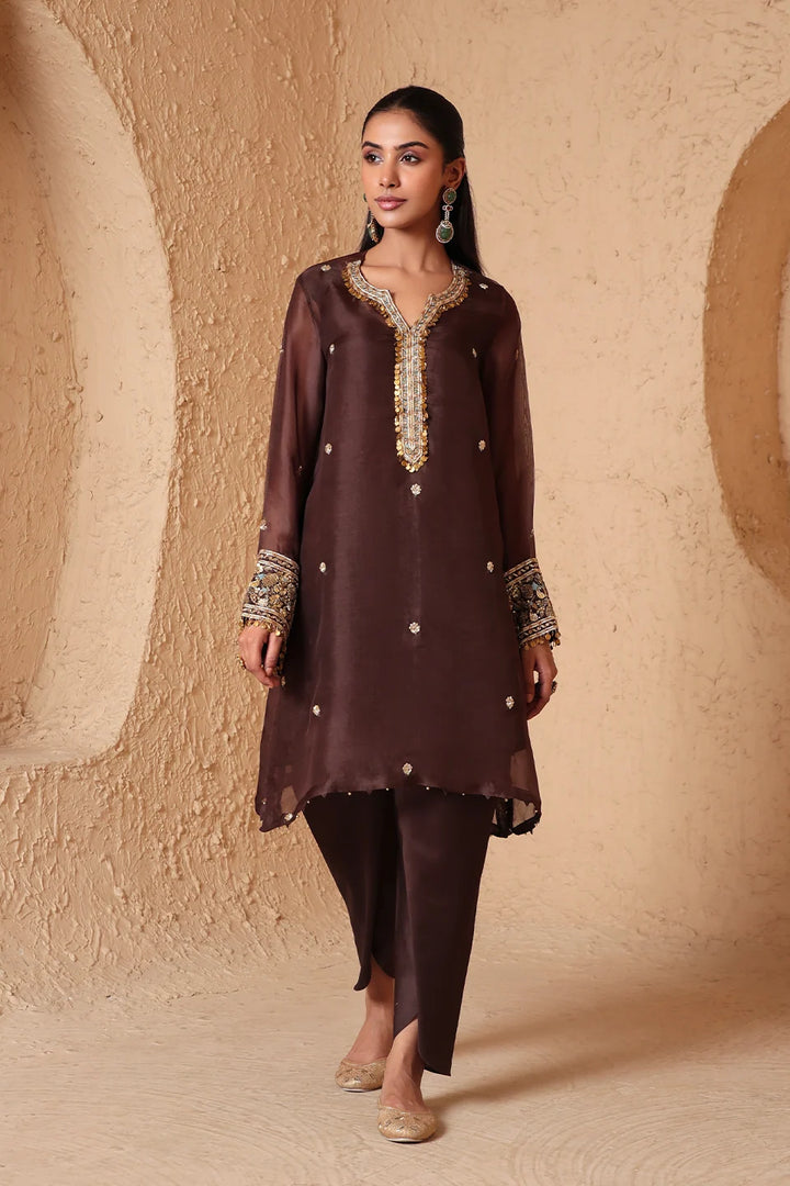 Zar-Rang Brown Short Kurta Set