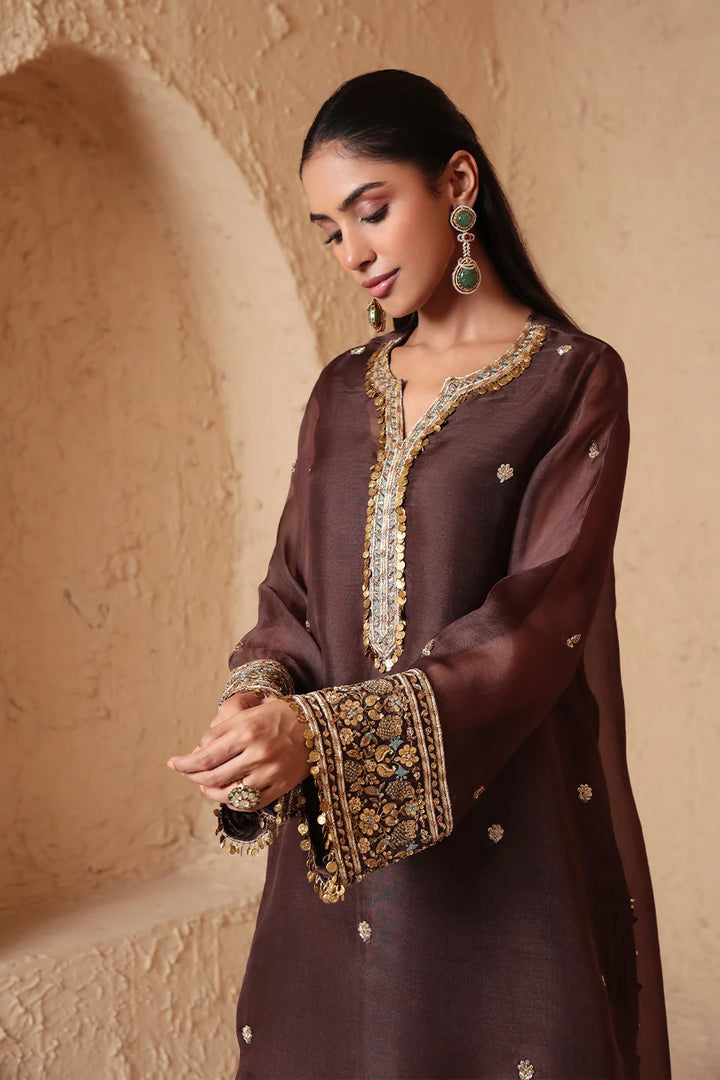 Zar-Rang Brown Short Kurta Set