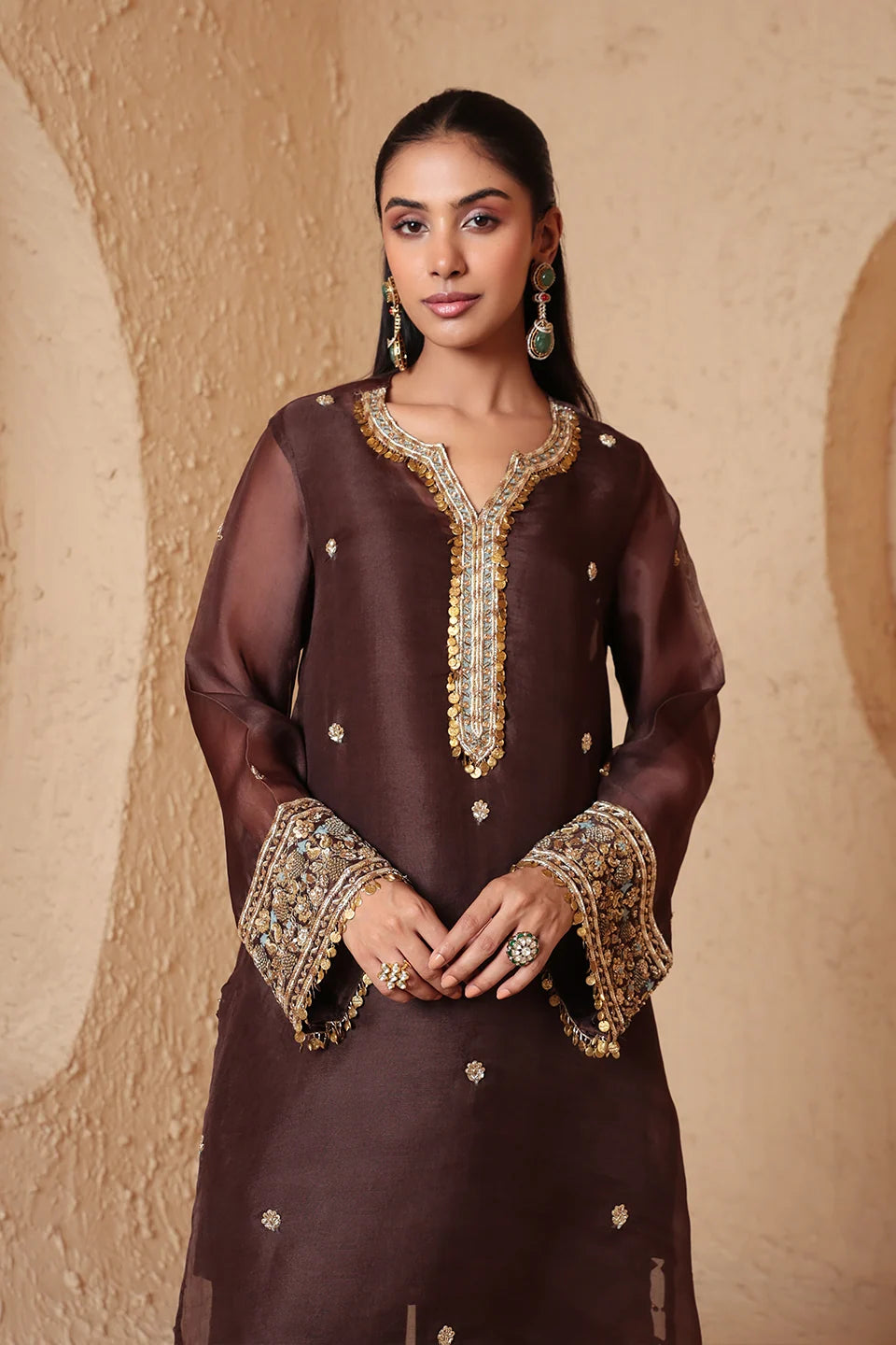 Zar-Rang Brown Short Kurta Set