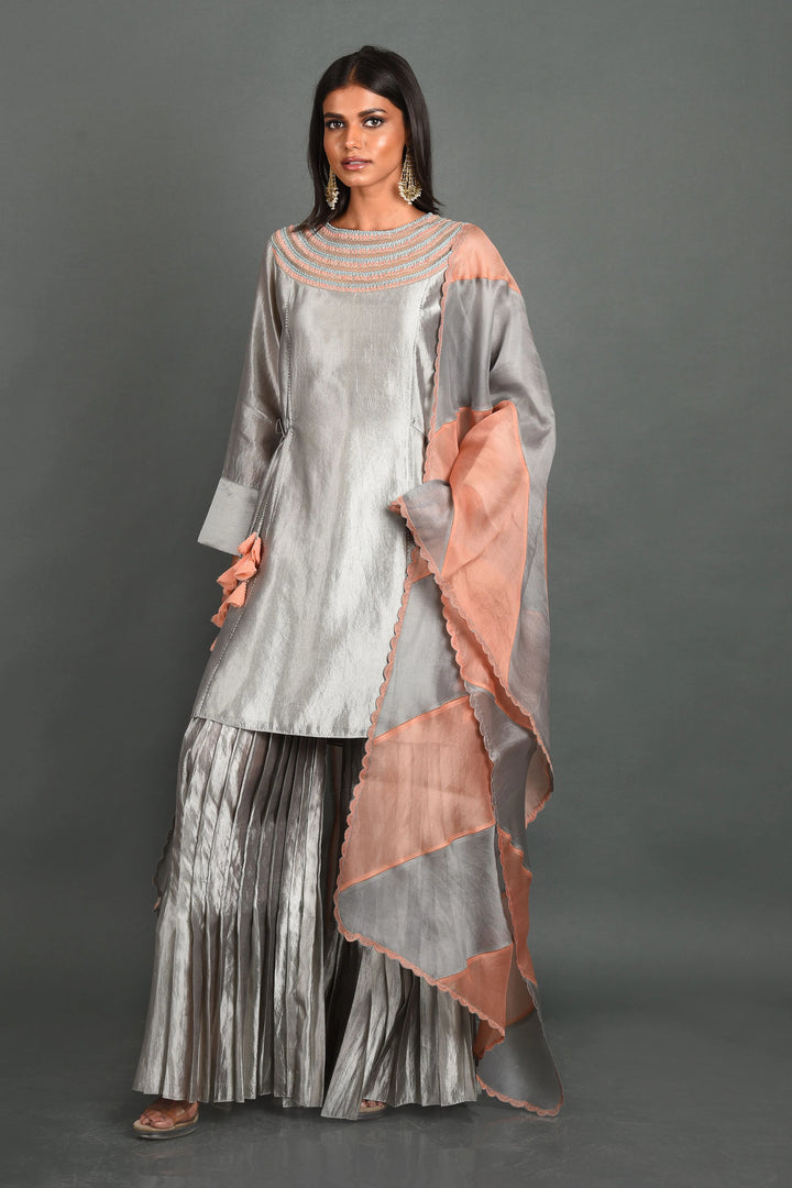 Grey Silk Kurta With Pant and Dupatta