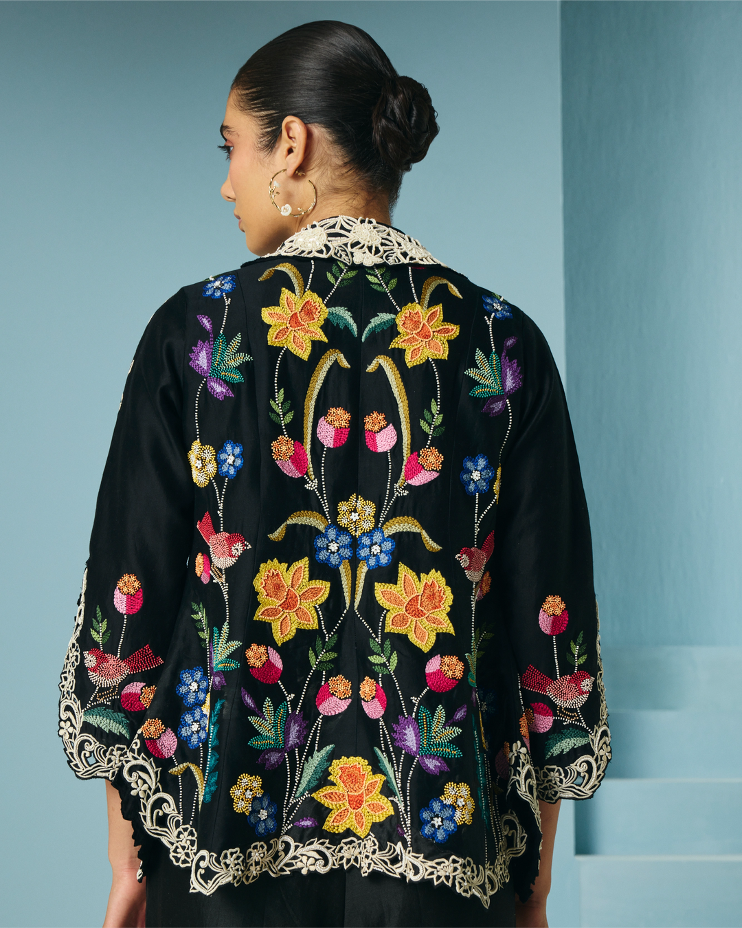 Black Floral Foliage Flared Jacket