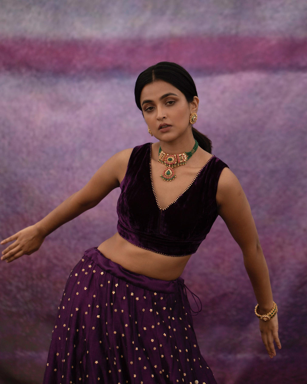 violet all over booti kalli lehenga set