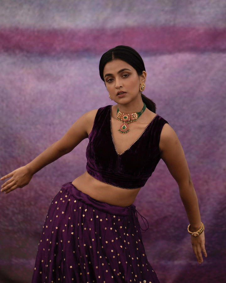 violet all over booti kalli lehenga set