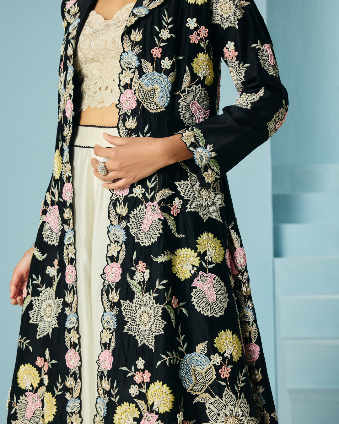 Black Multipastel Flared Long Jacket