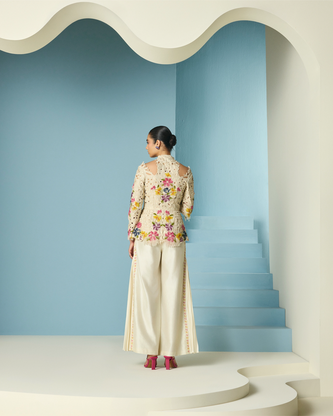 Ivory Embroidered Pleated Pant