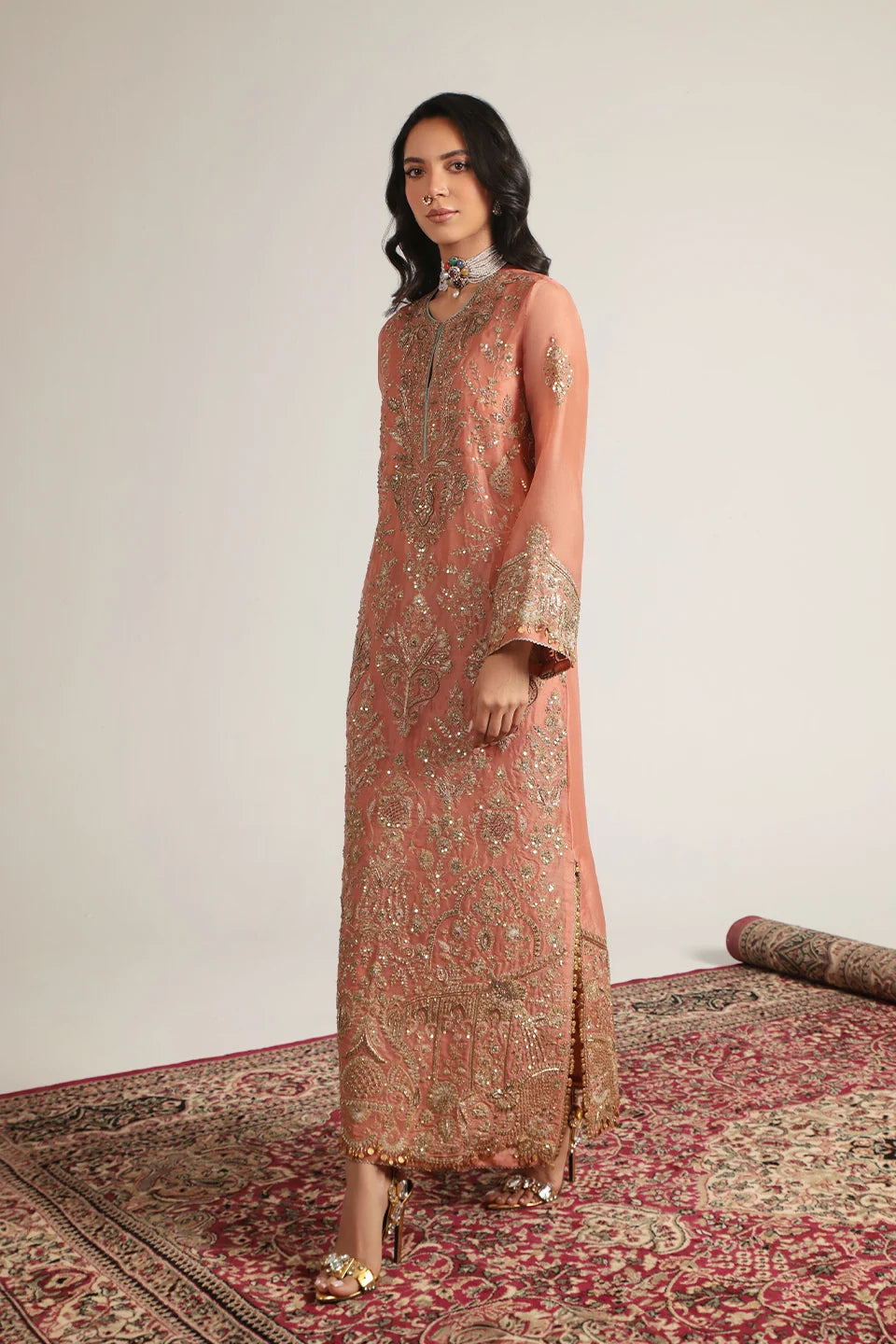 Zar-Rang Peach Heavy Jaal Kaftan Set