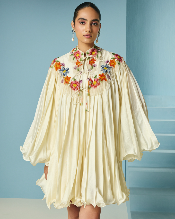 Ivory Pleated Dress With Floral Cape