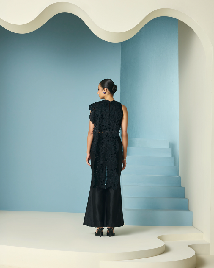 Black Floral Beadwork Fringe Flared Pant