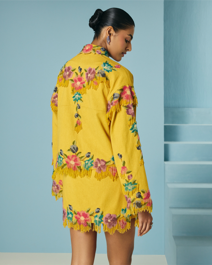 Mustard Floral Beaded Fringe Mini Skirt