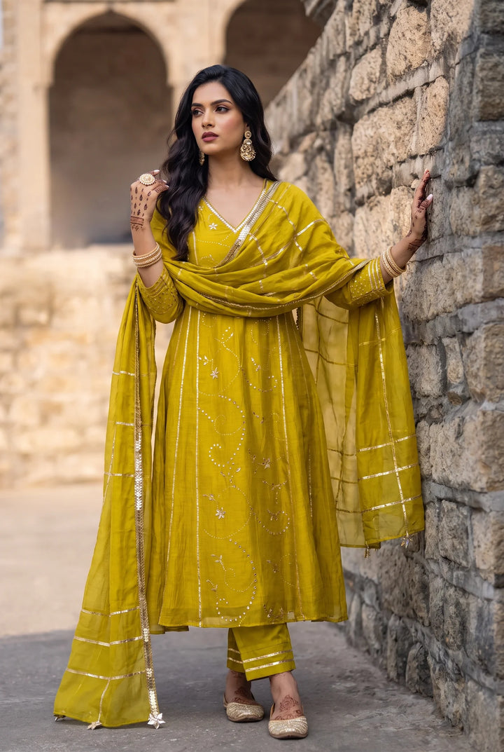 Raha Mul Chanderi Mukaish Anarkali Set in Lime Yellow