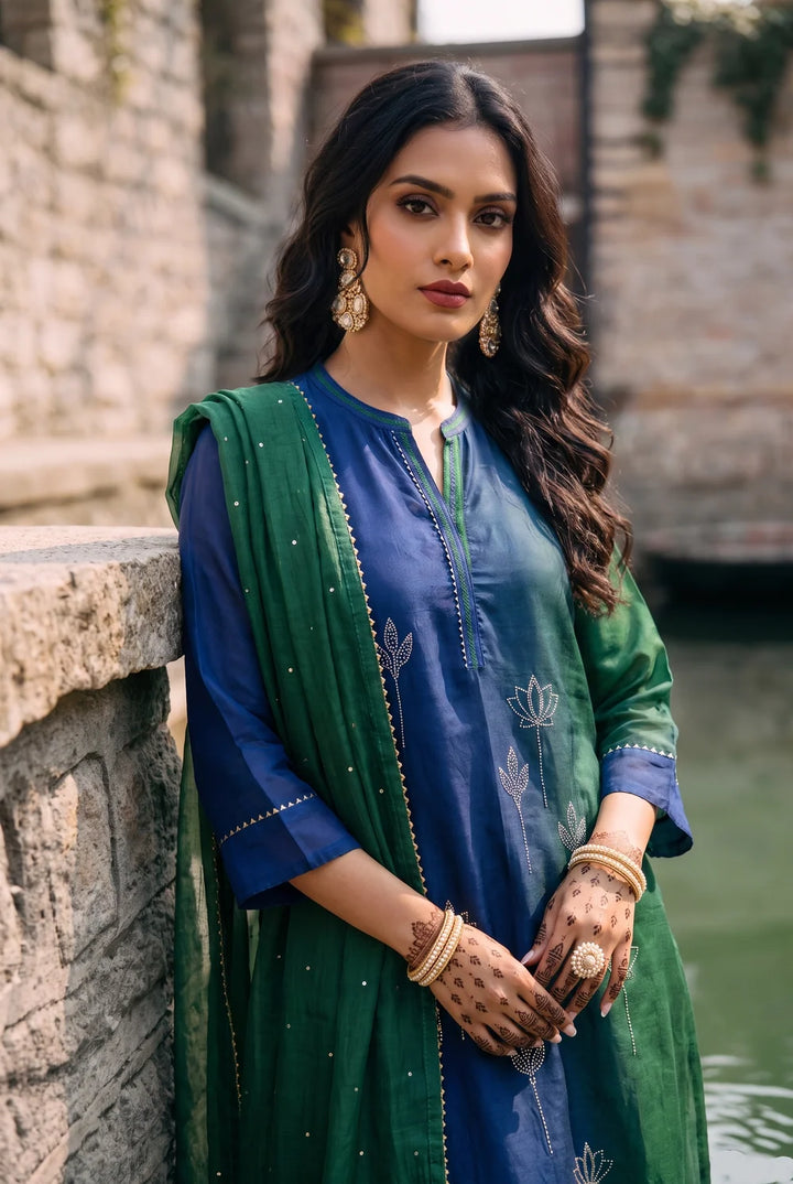 Shvi Silk Chadneri Shaded Kurta Set in Blue Green