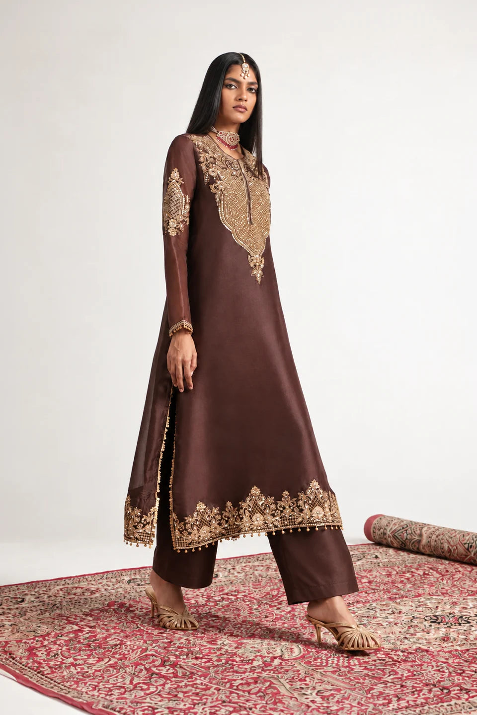 Zar-Rang Brown Straight Kurta Set