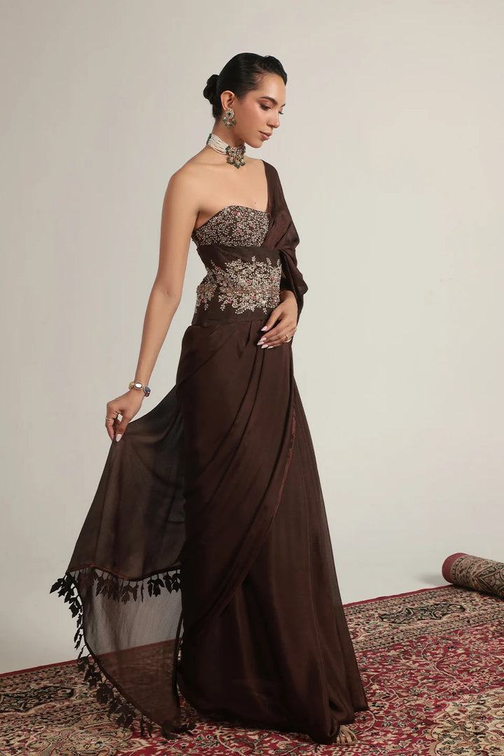Zar-Rang Brown Double Corset Saree Set