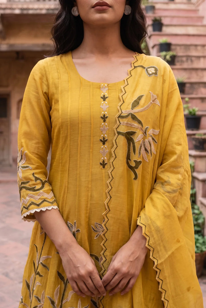 Surkhi Mul Chanderi Anarkali Set in Maize Yellow