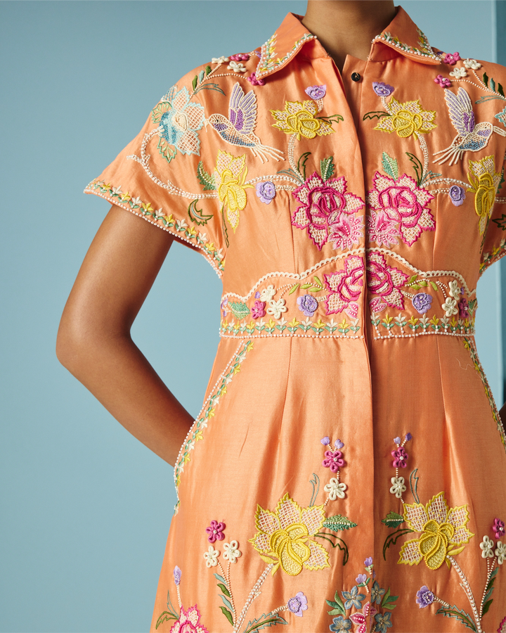 Orange Embroidered Shirt Dress