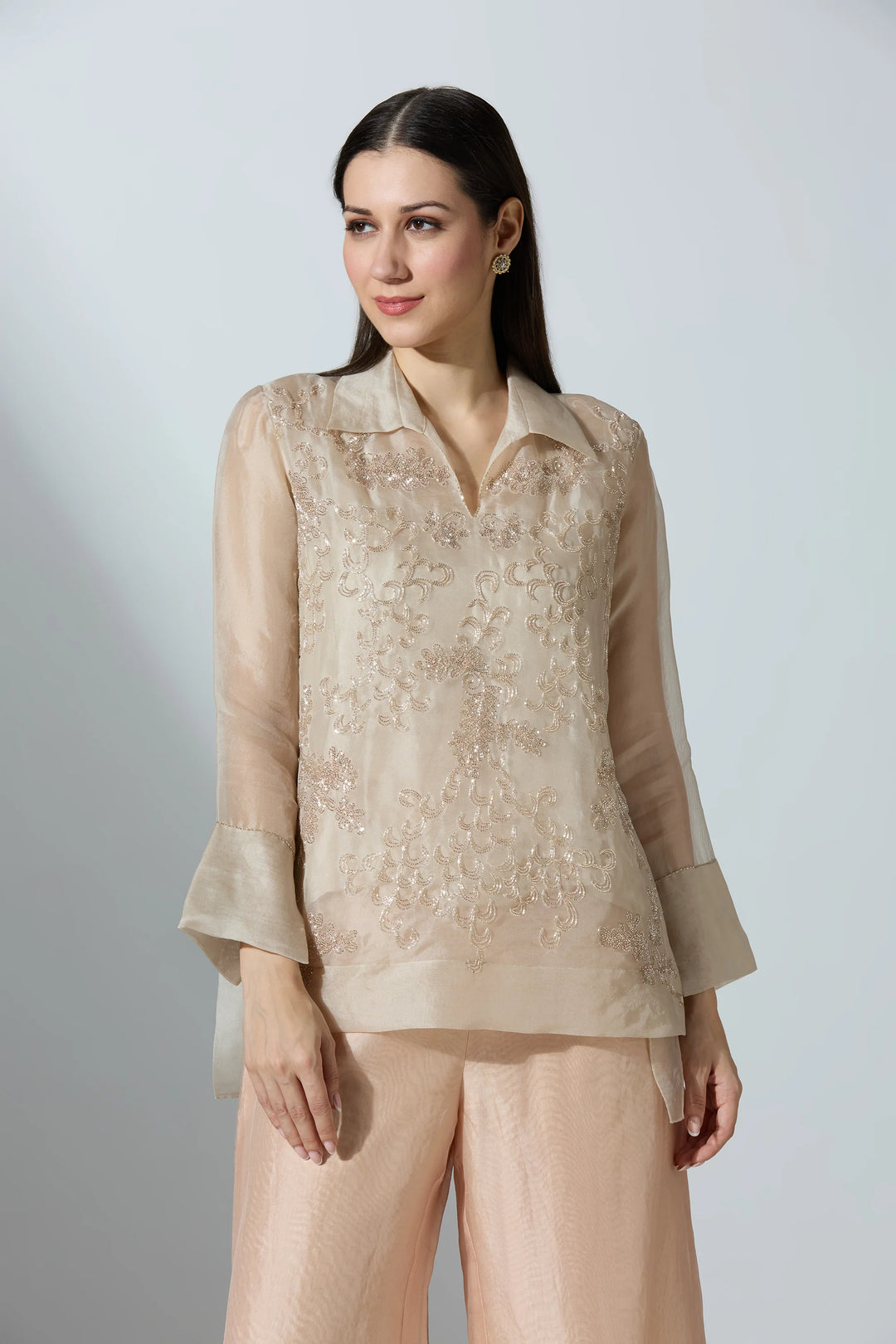 Nude Long Short Organza Shirt