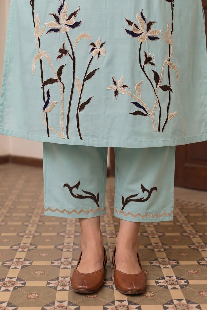 Surkhi Mul Chanderi Kurta Set in Blue Green
