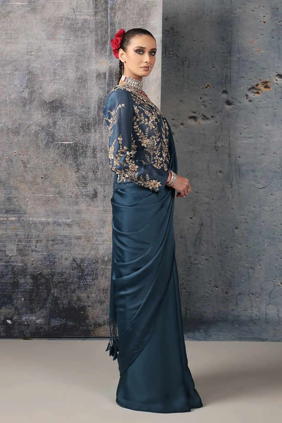 Zar-Rang Blue Jacket Saree Set