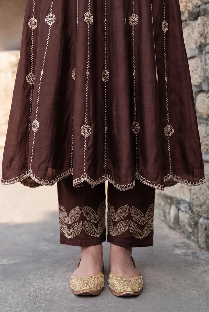 Deewani Silk Chanderi Anarkali Set in Coffee Brown