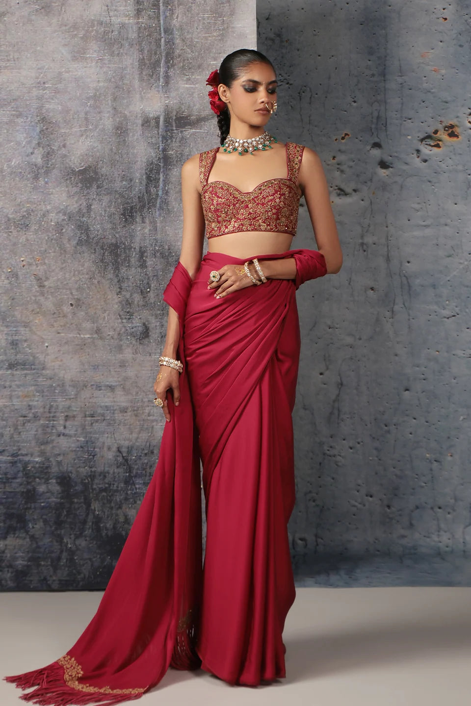 Zar-Rang Maroon Heavy Fringe Saree Set