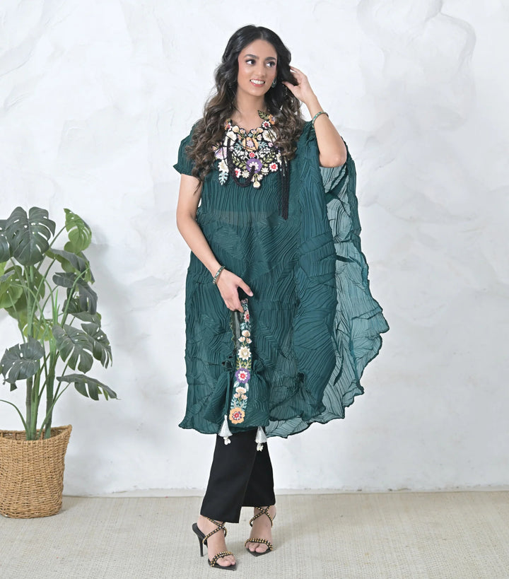 Phool-Patti Tassels Neckpiece Light Teal Crinkled Cape Set