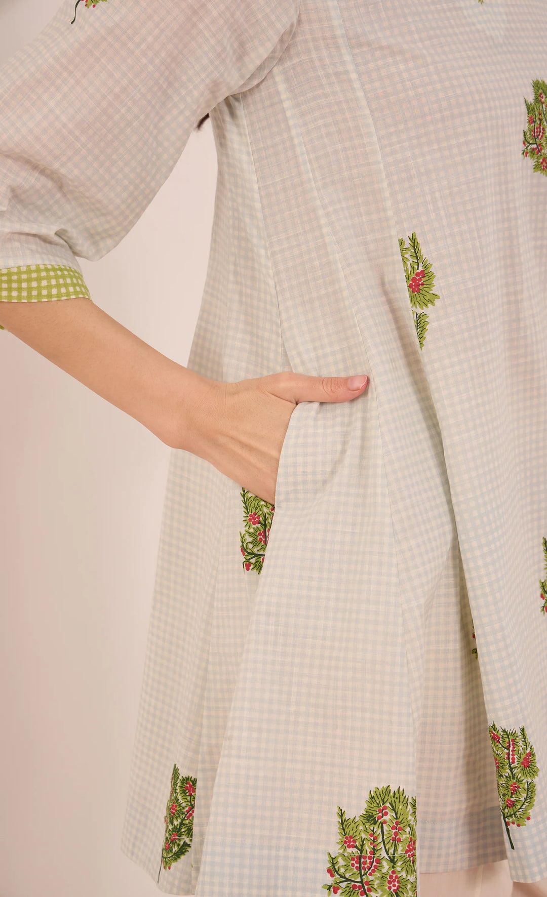 Cotton Blue Check Apple Tree V - Neck Coord Pants - Powder Blue