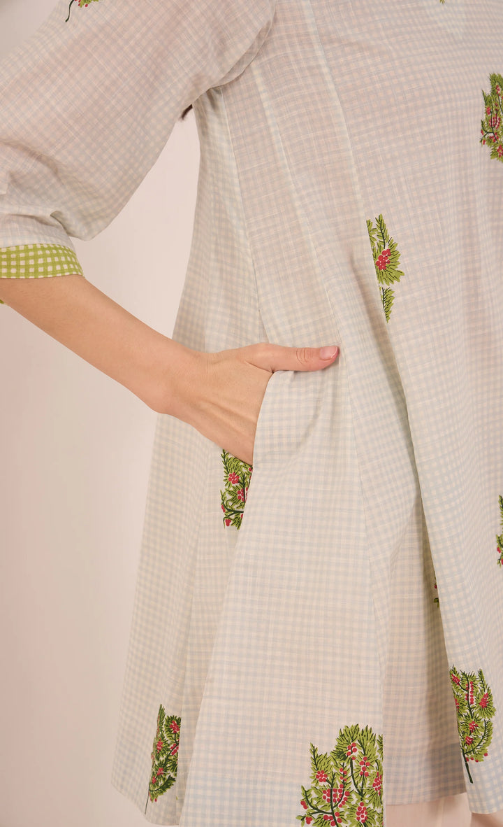 Cotton Blue Check Apple Tree V - Neck Coord Pants - Powder Blue