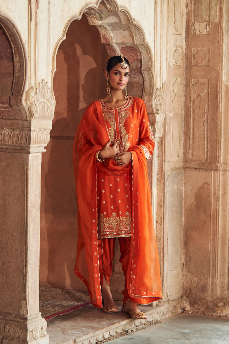 Fahmida - Burnt Orange Short Kurta with Salwar