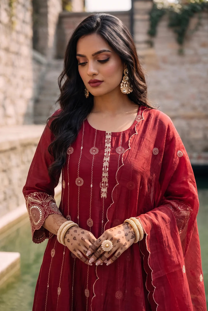 Deewani Silk Chanderi Anarkali Set in Red Berry