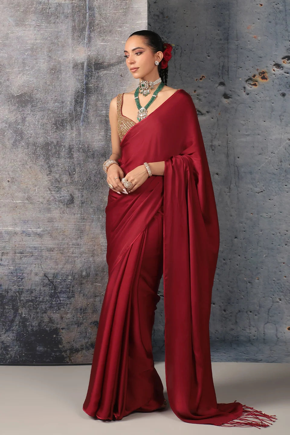 Zar-Rang Maroon Fringe Saree Set