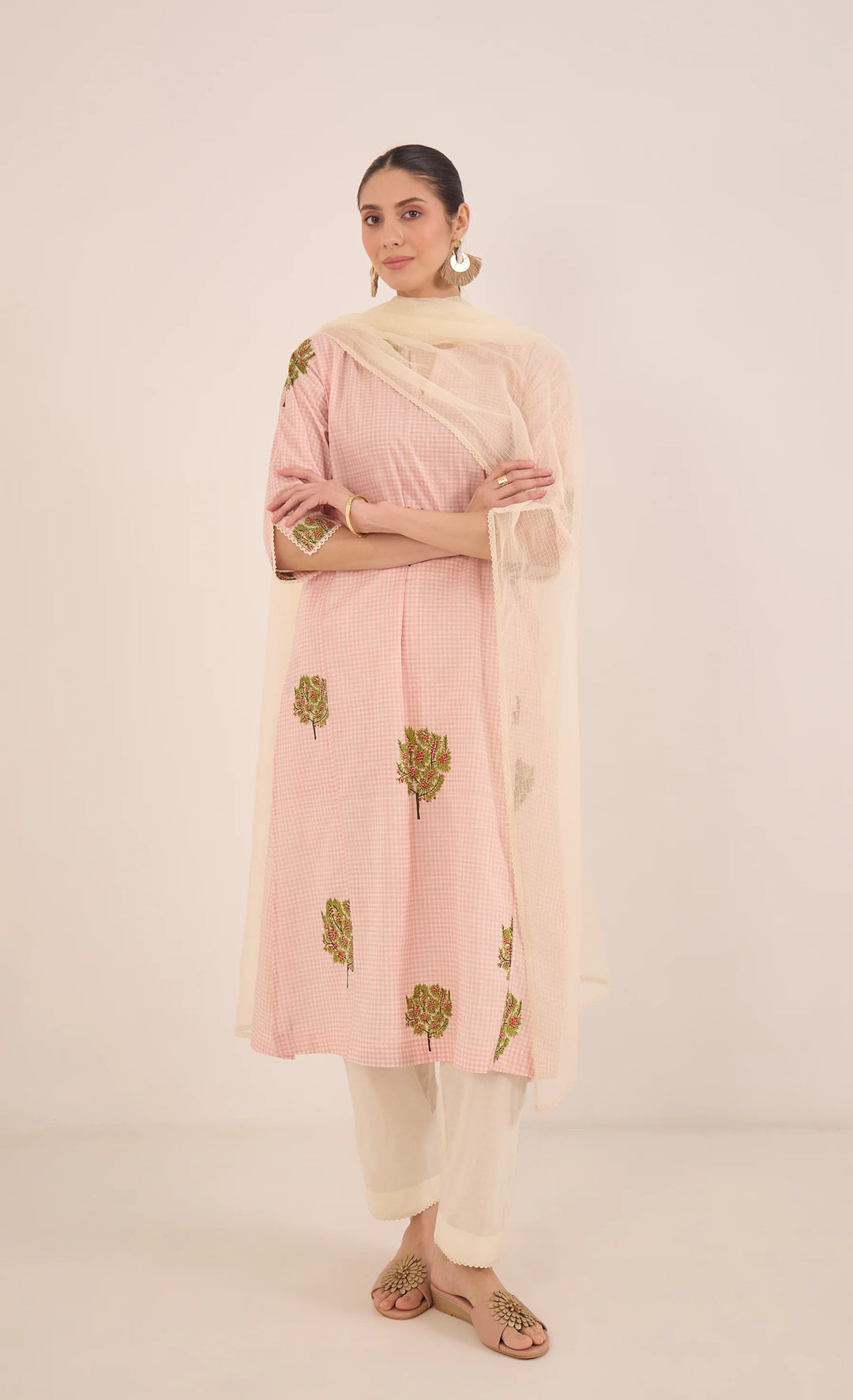 Cotton Check Apple Tree Kurta Set - Pink