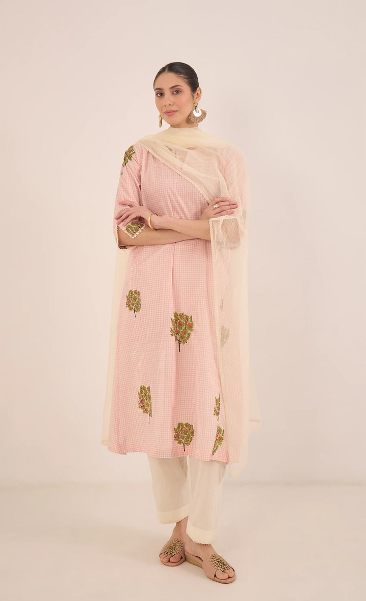 Cotton Check Apple Tree Kurta Set - Pink