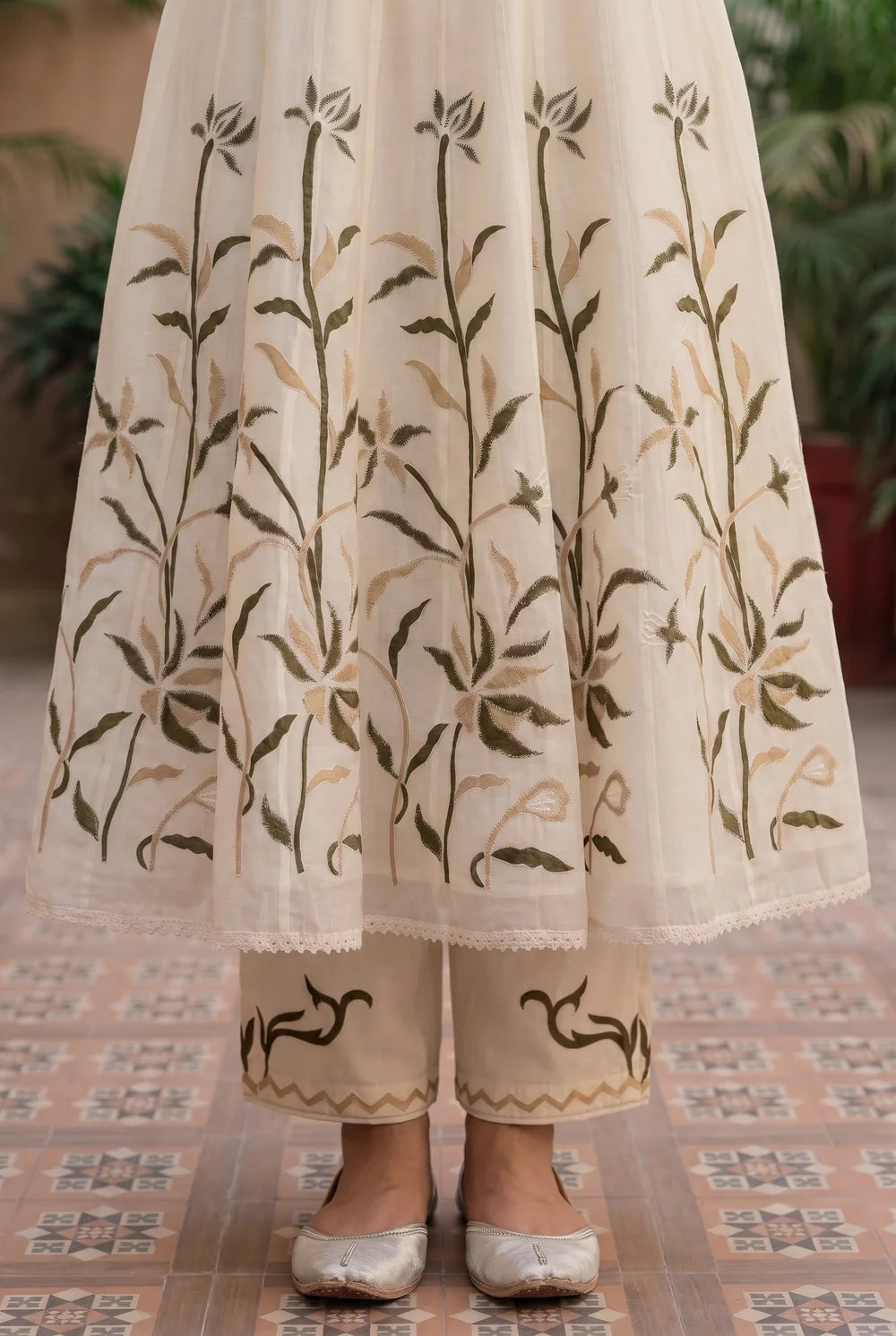 Surkhi Mul Chanderi Anarkali Set in Pearl White