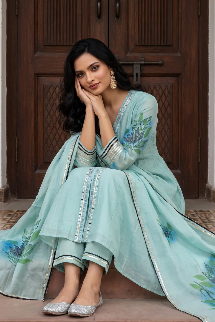 Zoa Mul Chanderi Anarkali Set in Aqua Blue