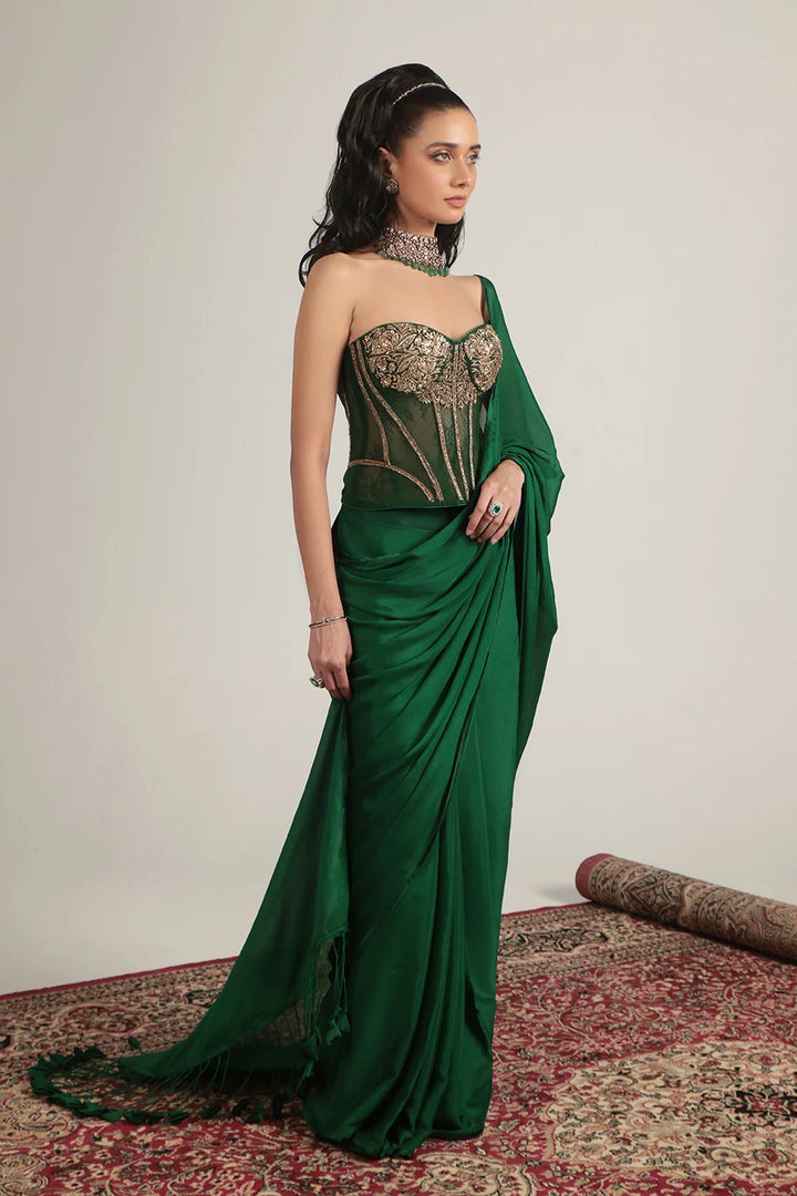 Zar-Rang Green Zardosi Corset Saree Set