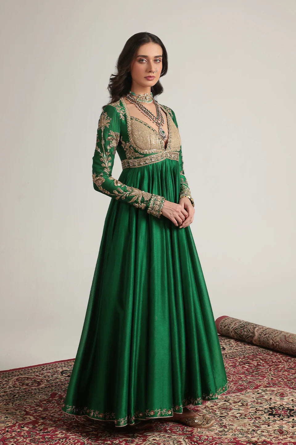Zar-Rang Green Heavy Yoke Kalidar Set
