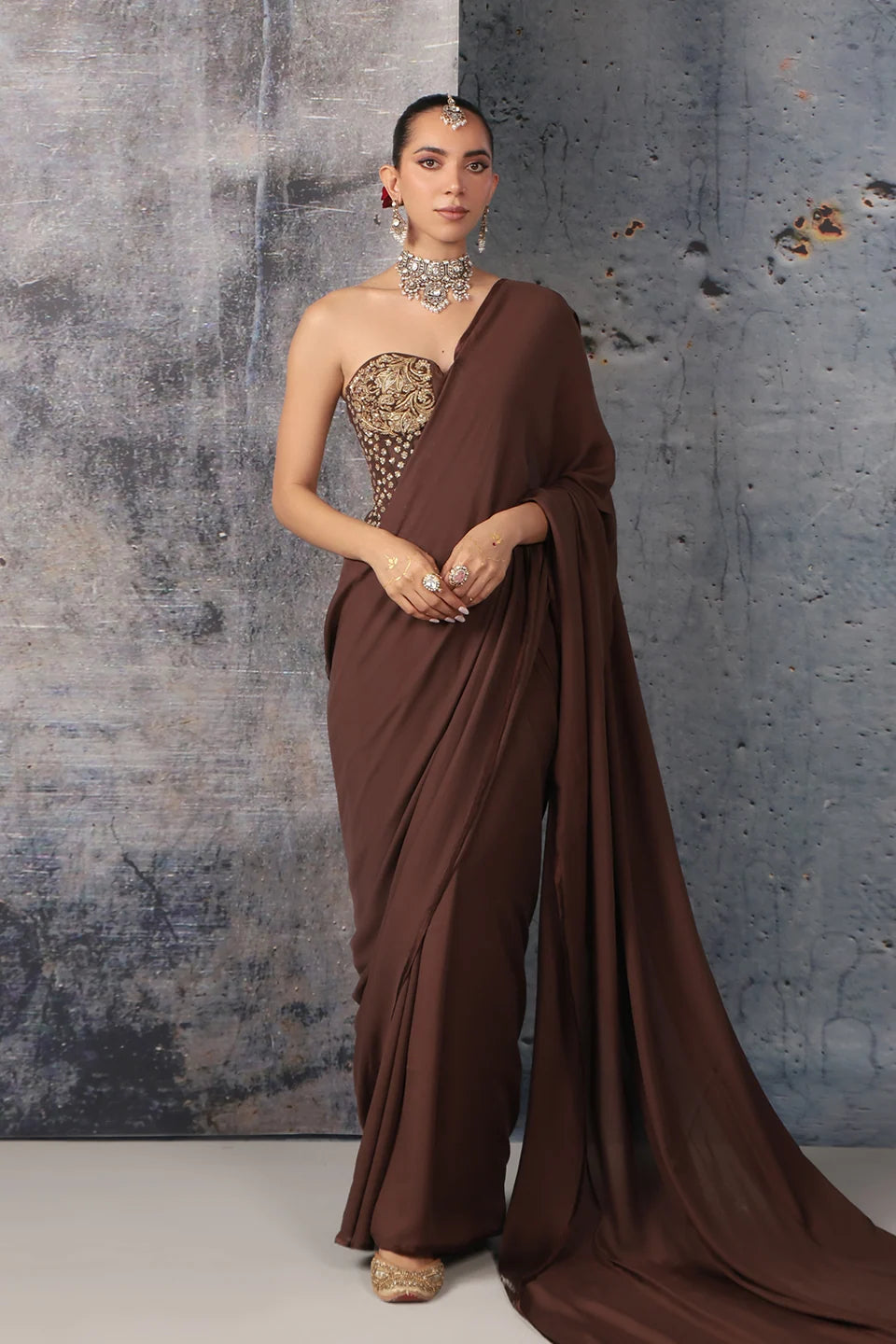 Zar-Rang Brown Corset Saree Set